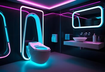 Modern sci-fi bathroom with futuristic toilet bowl and neon lights.