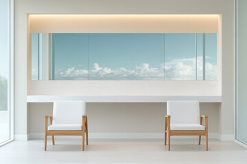 Fototapeta premium Modern minimalist interior with chairs and a large mirror reflecting the sky and clouds