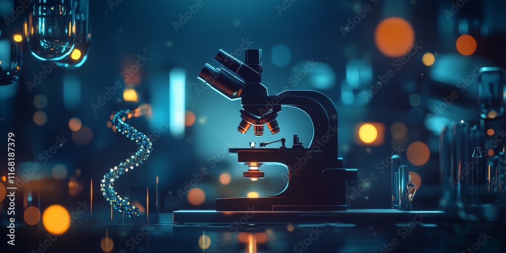 Poster microscope in a futuristic laboratory with dna strand.