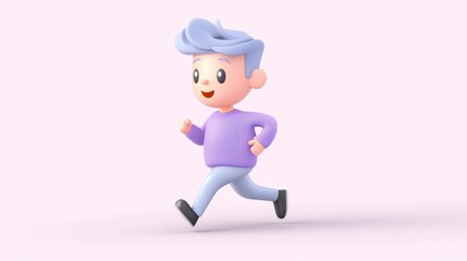 Fototapeta premium Young man with blue hair runs joyfully in purple sweater animated scene vibrant environment playful concept
