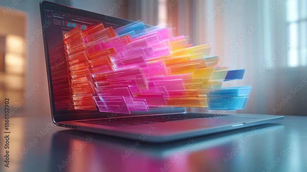 Poster laptop displaying colorful data streams representing digital innovation