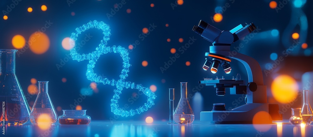 Poster DNA helix model with microscope and lab glassware.