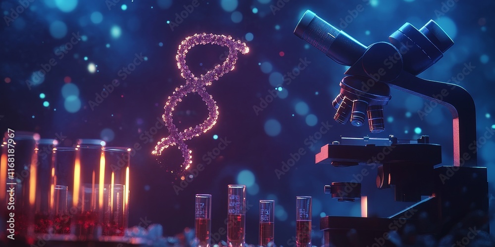 Poster dna helix glowing over microscope and test tubes.