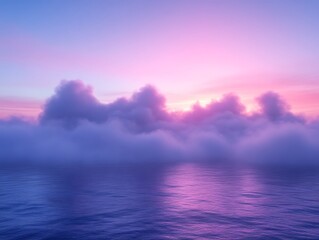 Dreamlike purple sunset over a calm ocean with clouds.