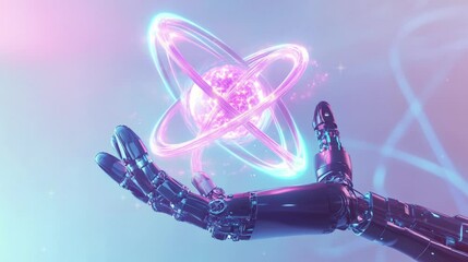 A robotic hand is holding a spiral atom with glow in technological concept. - Powered by Adobe