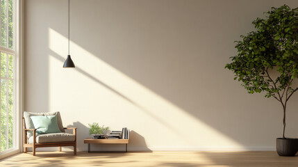 Bright and minimalist living space with natural light and indoor plants