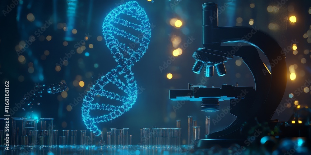 Poster DNA helix model near a microscope in a lab.