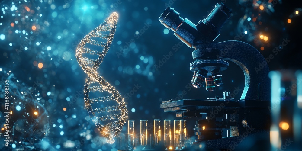 Poster DNA helix and microscope in a lab setting.