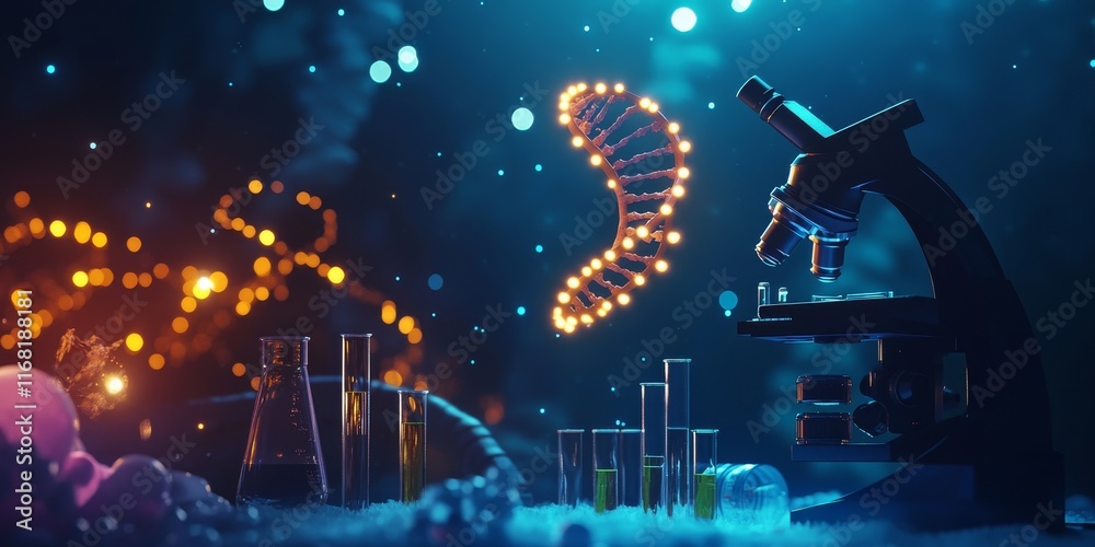 Poster illuminated dna helix near microscope and lab glassware on snowy surface.