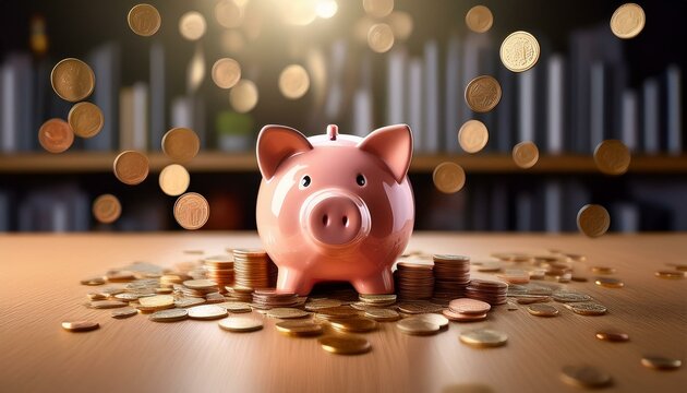 A piggy bank on a desk surrounded by scattered coins, symbolizing financial planning.