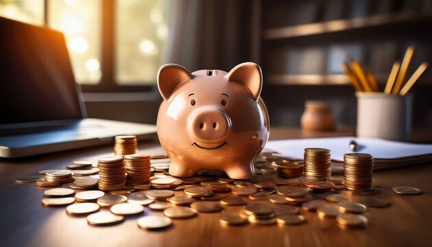 A piggy bank on a desk surrounded by scattered coins, symbolizing financial planning.