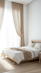 Fototapeta premium Bright and airy bedroom with modern decor and natural light in a minimalist setting