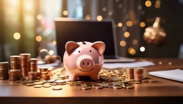 A piggy bank on a desk surrounded by scattered coins, symbolizing financial planning.