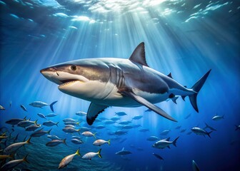 Fototapeta premium Ocean blue: wildlife photography captures a great white shark's aerial perspective, pilot fish in tow.