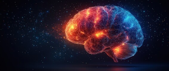 Fototapeta premium Geometric Brain Illustration in Low-Poly Art with Gradient Colors and Neural Networks Illustration