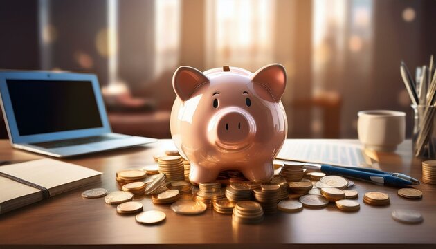 A piggy bank on a desk surrounded by scattered coins, symbolizing financial planning.