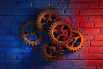 Interlocking rusty gears on a vibrant blue and red brick wall, a symbol of teamwork and mechanics.