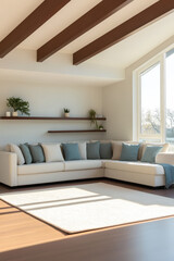 Fototapeta premium Modern living room with a cozy sectional sofa and large windows in a bright space