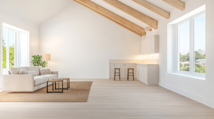 Bright and spacious modern living room with wooden beams and minimalistic design throughout