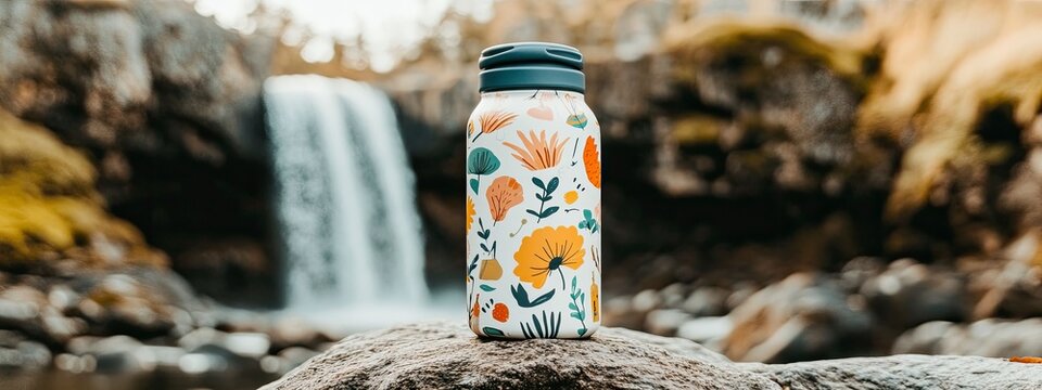 Stylish water bottle with floral design in front of a serene waterfall in a lush natural setting