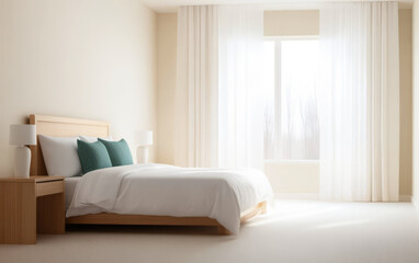 Fototapeta premium Modern bedroom with natural light and minimalist decor featuring wooden furniture