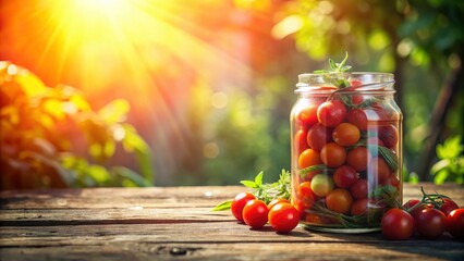 Naklejka premium Rustic wooden table holds a sun-kissed jar; double exposure reveals vibrant tomatoes within.