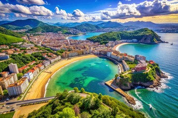 Obraz premium San Sebastian's La Concha Beach and Monte Urgull: stunning aerial drone photography showcasing the bay's beauty.