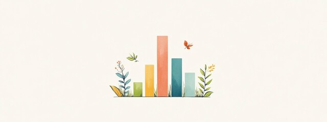 Obraz premium Colorful bar chart surrounded by vibrant flowers and butterflies in a minimalist design to signify growth and nature