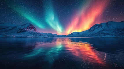 Printed kitchen splashbacks Northern Lights over snowy mountains, aurora borealis with starry in the night sky