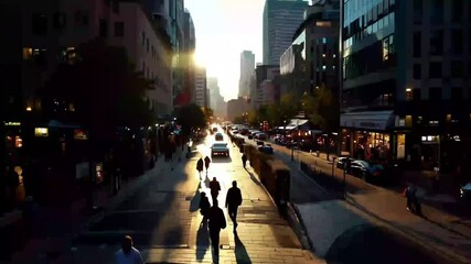 Silhouettes of people walking in a city street during sunset, creating a dynamic and urban vibe, perfect for travel or lifestyle themes.