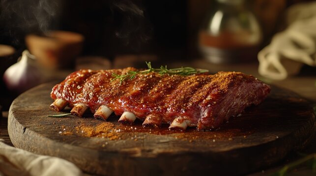 Steaming Spicy Barbecue Pork Ribs On Wooden Board