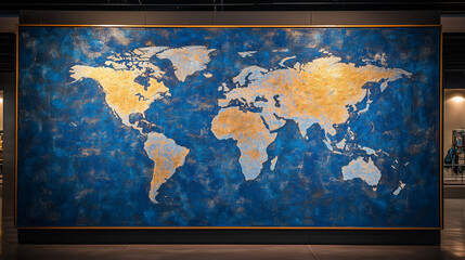 A large, stretched canvas with a world map