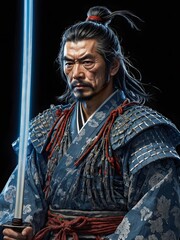 Obraz premium The Wise Warrior: Elder Samurai in Blue Armor with Katana