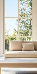 Fototapeta premium Bright interior with minimalistic sofa and large windows showcasing nature outside
