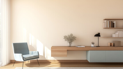 Fototapeta premium Modern minimalist interior design featuring a cozy chair and sleek desk workspace