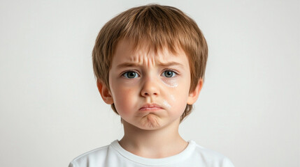 A portrait showing a child with teary eyes and a trembling lower lip, capturing a moment of sadness or disappointment on white studio background 