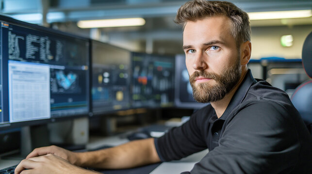 Focused young man working on multiple screens in high-tech environment, showcasing programming skills