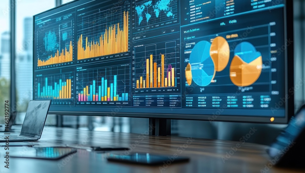 Poster data visualization dashboard with analytical graphs and charts
