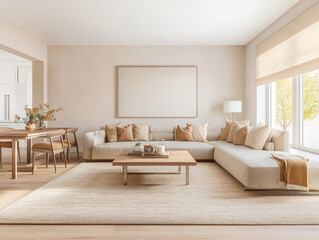 Cozy modern living room with neutral tones and natural light in a contemporary home