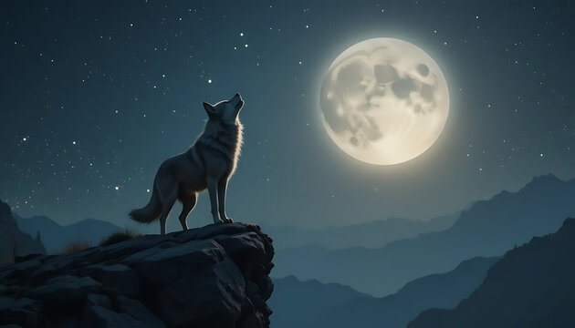 Lone Wolf Howling at the Full Moon Under a Starry Night Sky