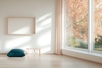 Fototapeta premium Cozy interior with natural light and autumn foliage in the background
