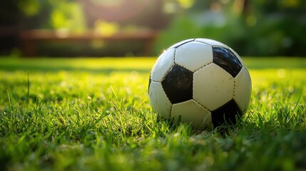 Fototapeta premium Close-Up of a Classic Black and White Soccer Ball on Green Grass
