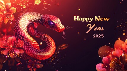 Obraz premium Gilded Zodiac Snake Celebration: Vibrant Floral Motifs and Glowing Gold Effects for Happy New Year 2025 Festivities