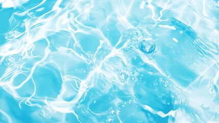 Transparent Blue Water Surface with Ripples, Splashes, and Bubbles: Abstract Summer Background for Cosmetics and Skincare Advertising