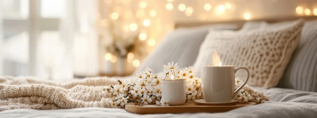 Cozy bedside scene featuring a warm cup of tea, a glowing candle, and delicate flowers on a knitted blanket with soft bokeh lights