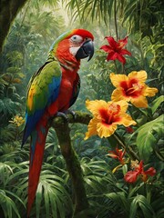 Fototapeta premium Vibrant Paradise: Colorful Jungle with Exotic Flowers and Parrot