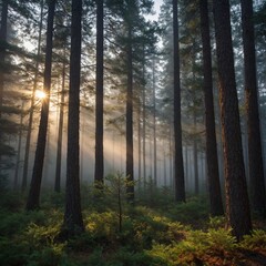 Naklejka premium Leonardo_Kino_XL_Forest_Morning_Enchantment_Soft_morning_fog_c_0