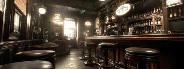 Elegant traditional pub interior featuring polished wooden bar, antique decor, and inviting atmosphere for social gatherings.