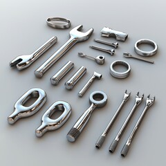A Collection of Shiny Chrome Tools for Mechanical and Automotive Work on a Light Gray Background