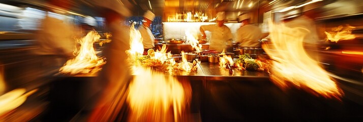 Fast-paced kitchen action with chefs cooking using fire.